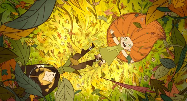 Robyn (une jeune fille blonde) & Mebh (une petite fille rousse hirsute) allongées dans une clairière, dans un tourbillon de feuilles