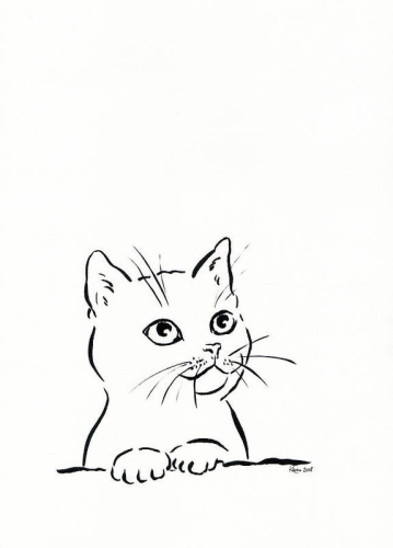 Cute cat is a minimalist black and white ink drawing in portrait format by Karen Kaspar. It shows the head and upper body of a cute little kitten looking up curiously. The cat was painted with black ink on a white background.