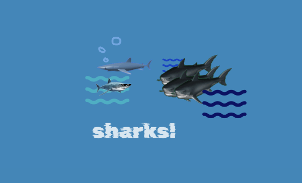 A webpage with a blue background, various GIFs of sharks, wiggly lines in shades of blue, hand-drawn bubbles, and the text "sharks!"