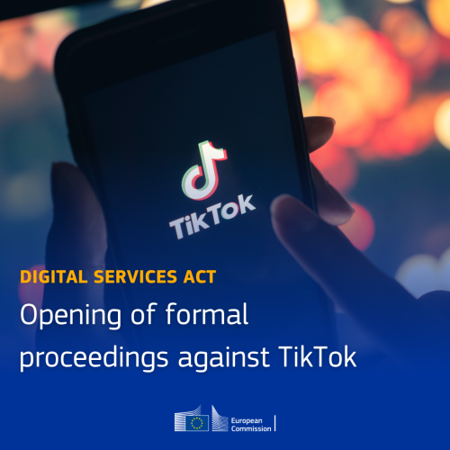 Hands holding a smartphone with the logo of TikTok on the screen. In addition, the text "Digital Services Act - Opening of formal proceedings against TikTok".
