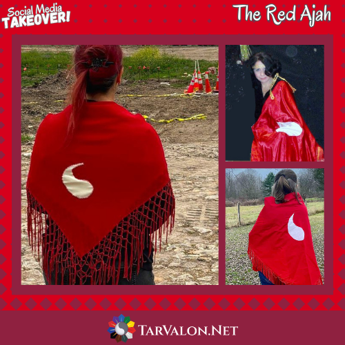 Three images of Red Ajah members wearing shawls. The shawls are red with a white teardrop and red fringe. The fringe and fabric varies but the shawls are still very similar.
