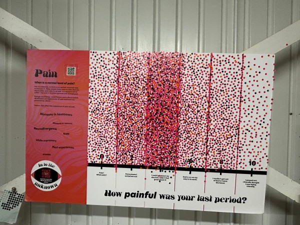 A panel with a scale, how painful was your last period? There are red stickers placed on the scale which runs from "pain, what pain?" To "I passed out, I literally thought I was dying"

The majority of stickers are clustered to the middle, either side of "I could go about my day but didn't feel good about it"