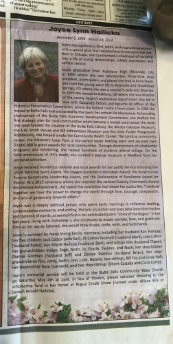 An image of the newspaper obituary from the Rogue Valley Times for the late Joyce Lynn Hailicka. 