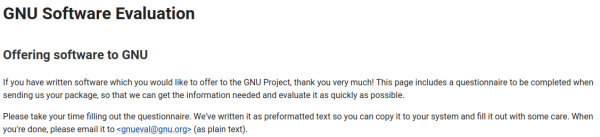 A screenshot of the "GNU software evaluation" text. After some instructions, it asks you to complete the questionnaire and email to gnueval@gnu.org.