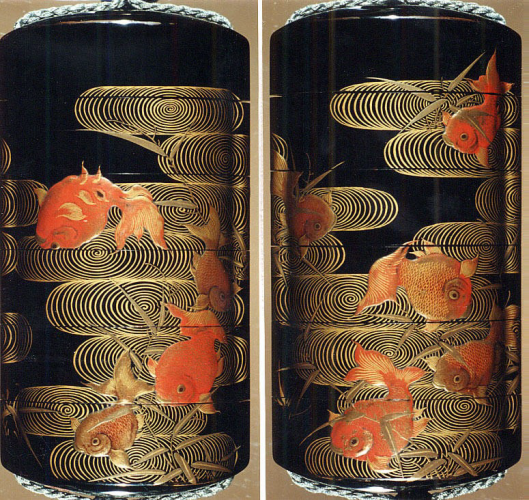 official museum photo of object:  composite photo of front and back of the case (Inrō), design of orange/red goldfish swimming in gold water on black background