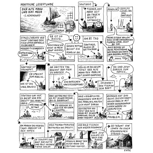 Tusche+A4+Comic: Panels, die miteinander verbunden sind und hektisch "Der alte Mann und das Meer" erzählen