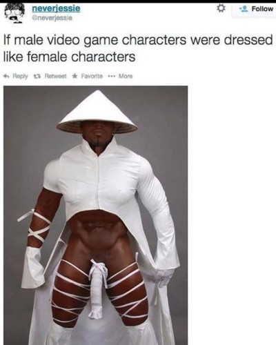 The text says: If Male video game characters were dressed like female ones and it's a character dressed very scantily in frontiers hoodie type situation, and the penis area is wrapped in fabric and hanging between the legs, there are knee high boots with fabric straps wove up the thighs 