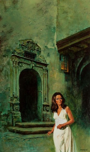 A woman in white looks around pensively at the dark and brooding entrance of a building.