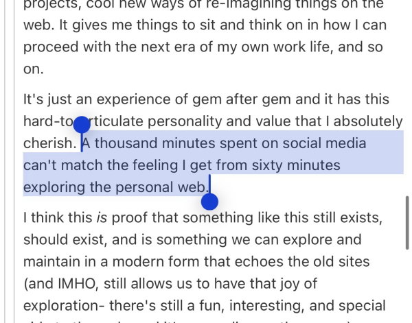 Screenshot of a tildes.net post with a line highlighted: “A thousand minutes spent on social media can’t match the feeling I get from sixty minutes exploring the personal web”