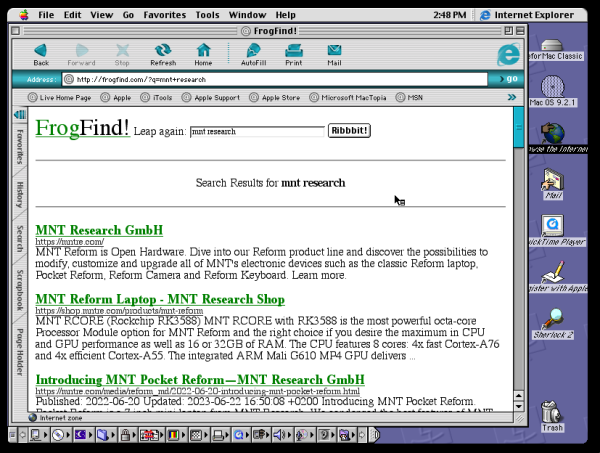 screenshot of MacOS 9.2 running in QEMU on MNT Reform. internet explorer 5 is opened to frogfind.com search for "mnt research"