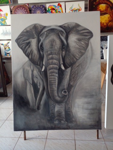 a black and white painting of two large elephants approaching the viewer 