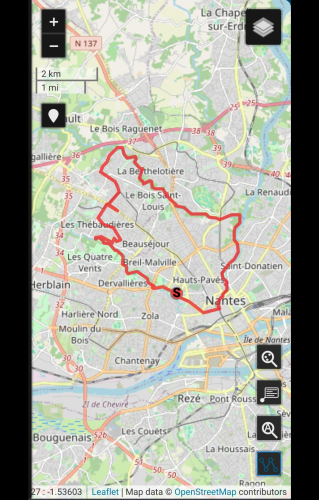 carte du nord ouest de l'agglomération nantaise avec une trace GPS : en gros Chézine, Cens, Erdre, Procé.