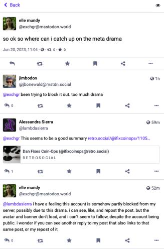 screenshot showing elle mundy's thread starting "so ok so where can i catch up on the meta drama" as displayed on hachyderm.io