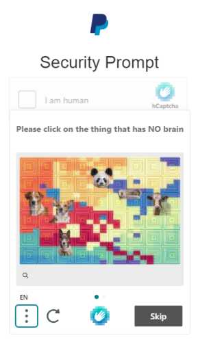 A screenshot of a PayPal "Security Prompt", showing an image with various animals placed on top of a very colorful canvas.