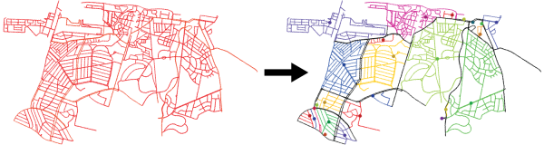 map with two parts. Left: red street network. Right: the same network partitioned into colored Superblock-like neighborhoods