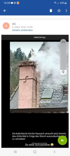 Ein rauchender Kamin, auf dem ein Storch in seinem Nest sitzt.