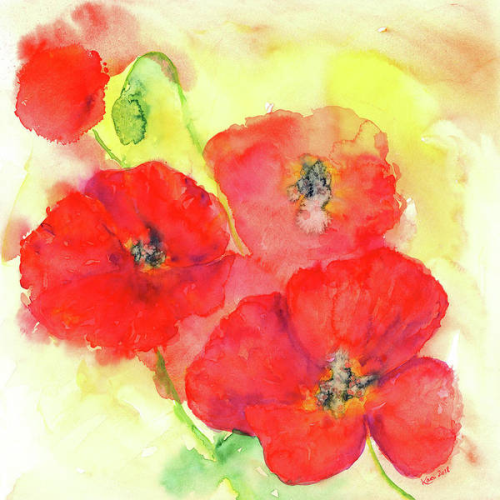 Red poppies is a watercolor painting in contemporary square format by artist Karen Kaspar.
Poppy flowers in vibrant red are dancing on a sunny yellow background.