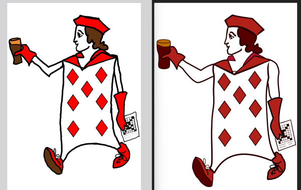 Two drawings of an "Alice in Wonderland" style anthropomorphized playing card. The card is a 7 of diamonds and is carrying a beer in each. The left one is a brighter red, with more jagged lines, while the right is cleaner.