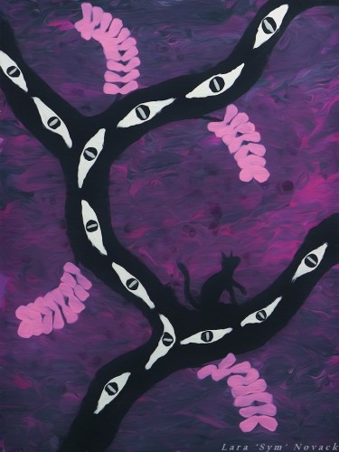 Wonderland is a surrealist painting of a black cat who sits in a tree decorated with eyes. A nod to Cheshire Cat, this feline bats his paw at black bubbles floating in a sky swirling with pinks, purples and black hues.