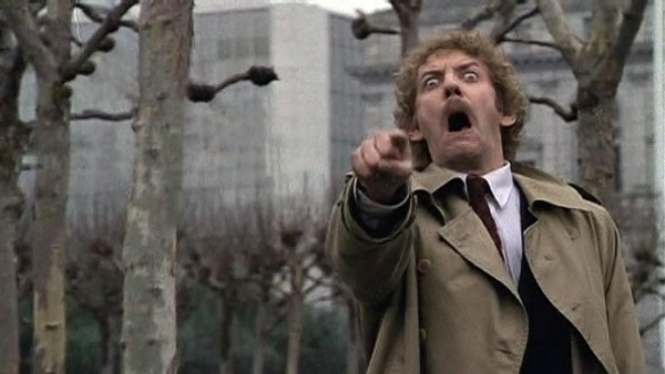 Donald Sutherland in “Invasion of the body snatchers”, pointing at the camera and yelling.