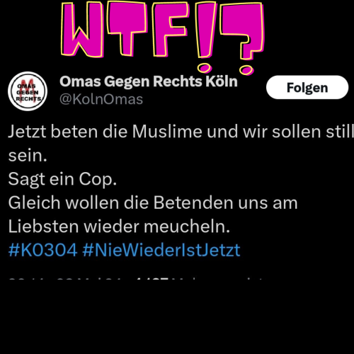 Die Omas gegen Rechts aus Köln twittern folgendes: Jetzt beten die Muslime und wir sollen still sein. Sagt ein Cop. Gleich wollen die Betenden uns am Liebsten wieder meucheln.

Darüber habe ich in neon Buchstaben "WTF!?" geschrieben.