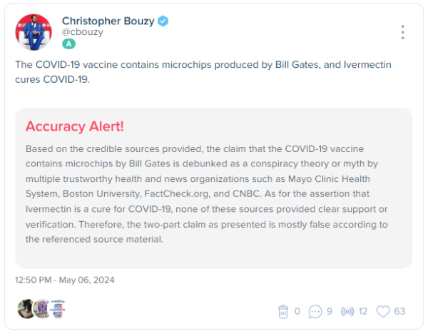 A screenshot of a spout by a verified user debunking a conspiracy theory about COVID-19 vaccines containing microchips by Bill Gates and promoting ivermectin as a cure. The spout includes a warning stating the information is false.