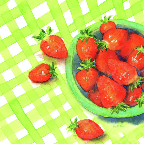 Bowl with fresh strawberries is a watercolor painting in contemporary square format painted by artist Karen Kaspar. A green bowl filled with fresh juicy red strawberries. The bowl is standing on a white and green checkered tablecloth. Some strawberries are scattered on the table next to the bowl.