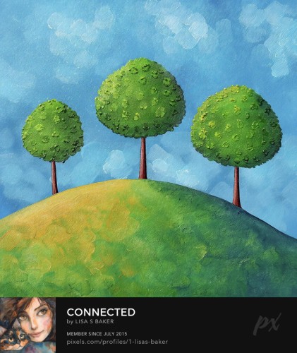 Three stylized trees with rounded canopies and slender trunks stand atop a rolling green hill under a blue sky dotted with fluffy clouds. The trees have a textured appearance with each leaf seemingly individually defined, casting a whimsical and serene mood.