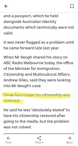 Screenshot from the linked article with this sentence highlighted: "Three hours later his citizenship was restored."