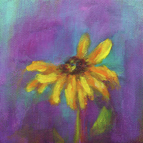 Yellow coneflower on purple is a hand-painted acrylic painting in contemporary square format painted by artist Karen Kaspar.
A single yellow coneflower or black eyed susan shines bright on an abstract background in vibrant shades of pink, purple, violet and teal.