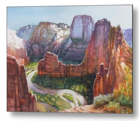 Metal print of an original watercolor painting depicting Angels Landing Trail at Zion National Park.