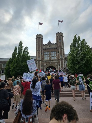 A crowd of protesters with flags and placards enter the grounds of the University of Washington in St Louis, Missouri