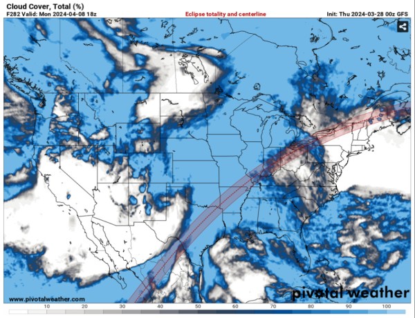 A map of the eclipse path indicating cloud cover across most of the surface of the path, almost perversely so in a couple areas where the path has a band of predicted clouds between two clear areas outside the band.