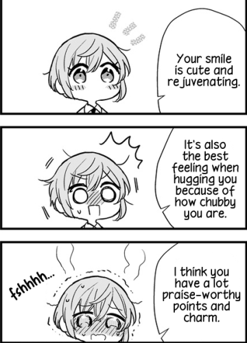 A manga panel.
"Your smile is cute and rejuvenating."
*blushes*
"It's also the best feeling when hugging you because of how chubby you are."
*blushes harder*
"I think you have a lot of praise-worthy points and charm."
*brain is fried*