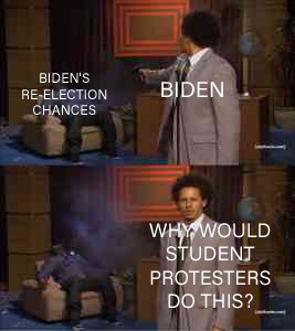 The "who killed Hannibal" meme. 
BIDEN (Eric Andre) shoots a gun at BIDEN'S RE-ELECTION CHANCES (Hannibal Burress, now apparently dead).
Then the shooter turns to the camera: "WHY WOULD STUDENT PROTESTERS DO THIS?"