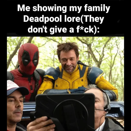 Me showing my family Deadpool lore (They don't give a fuck):
Director Shawn Levy showing something on a tablet to Hugh Jackman and Ryan Reynolds dressed as Wolverine and Deadpool