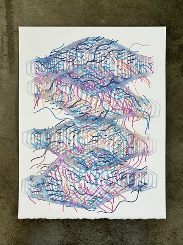 A small abstract painting produced by a robotic pen plotter following a generative algorithm. Magenta, blue, and orange watercolor inks on white paper.