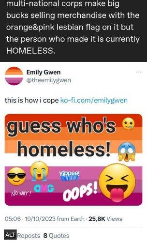 A post from the creator of the lesbian flag explaining she's homeless, with a picture of the flag stamped with many sarcasticly happy emojis.