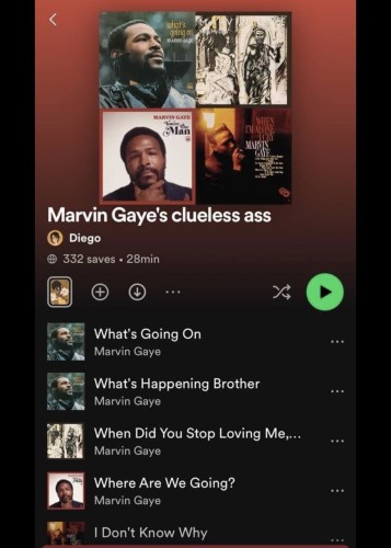 Spotify playlist titled “Marvin Gaye’s clueless ass” it has the songs What’s Going On, What’s Happening Brother, When Did You Stop Loving Me, Where Are We Going?, I Don’t Know Why.