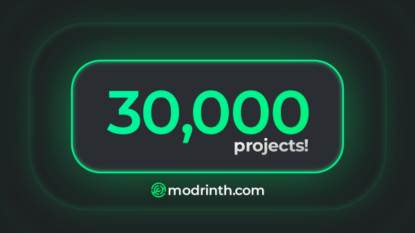 30,000 projects, surrounded by a glowing rounded green rectangle with modrinth.com at the bottom.