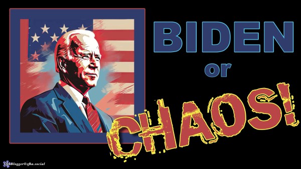 Meme: black background. Colorized graphic of Pres. Biden on left. Text reads, “BIDEN or CHAOS”