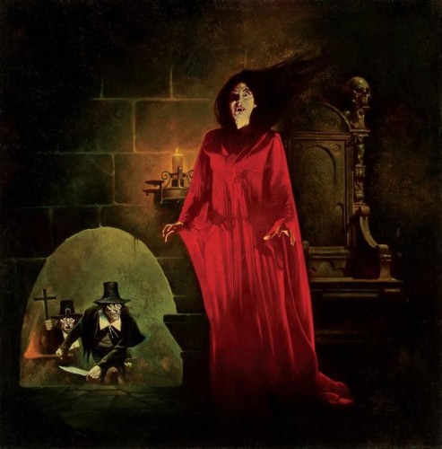 In a Gothic underground lair, a vampire woman, dressed in blood red robes, is approached by a pair of religious types who ought to mind their own business.