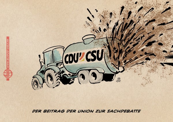 Illustration eines Traktors mit Güllefass, der Mist ausbringt. Das Güllefass ist mit den Logos der Unionsparteien CDU und CSU beschriftet.