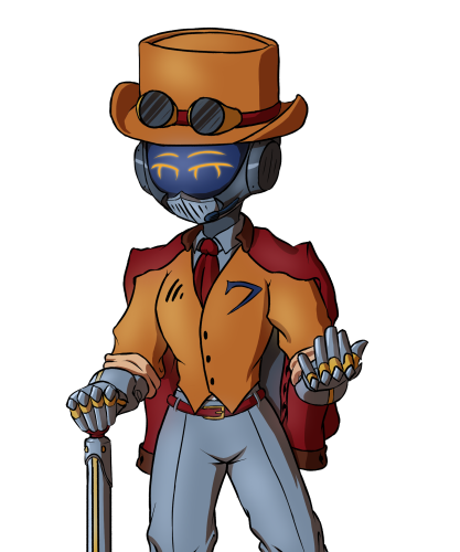 Numberz Avatar, a robot looking gentlmen with a brown button up vest, red coat hanging off the sholders and a cane in the left hand. Also wearing a top hat with goggles resting on top.