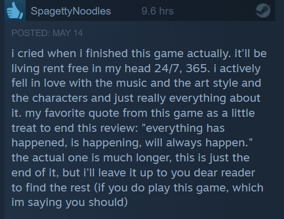 "I cried when i finished this game actually. it'll be living rent free in my head 24/7, 365."