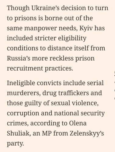 Though Ukraine’s decision to turn to prisons is borne out of the same manpower needs, Kyiv has included stricter eligibility conditions to distance itself from Russia’s more reckless prison recruitment practices.
Ineligible convicts include serial murderers, drug traffickers and those guilty of sexual violence, corruption and national security crimes, according to Olena Shuliak, an MP from Zelenskyy’s party.