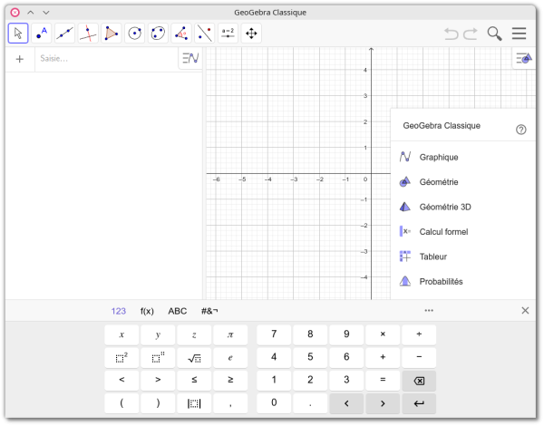 🕶️ A view of its UI with, at the top, buttons allowing to select different predefined shapes (examples: polygons of x sides, circles, straight line, ...), at the right, 2 graduated x and y axes and a quick access menu to the desired types of domains (Graph, Geometry, 3D Geometry, Formal Calculation, Spreadsheet, Probability), at the left, a mathematical formulas zone (empty at startup), at the bottom, a scientific calculator.

📚️ GeoGebra is a libre (for version 5.x, version 6.x is not open source but free, a part is exploited commercially) and multi-platform dynamic mathematics software, for all levels of education, that brings together geometry, algebra, spreadsheet, grapher, statistics and calculus under the same interface allowing the 2D or 3D display. Its a very complete toolbox for modern mathematics allowing to perform all kinds of calculations and simulations, the user interaction on the graph and the automatic modification of the formula, via a complete and intuitive interface (online or locally). Perfect !