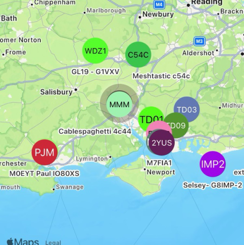 Map of Hampshire and Dorset with lots of blobs for available Meshtastic nodes