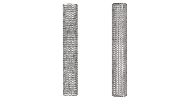 Two cylinders seemingly made of mesh stand side-by-side. It is difficult to see the difference. 