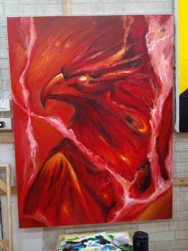 a painting of a red phoenix fire bird, seen from the sid, lifting its wing, shown from the chest up, it is facing left, pink lightning straking through in several places, smoke smoldering from its eye, its beak hooked and sharp 
